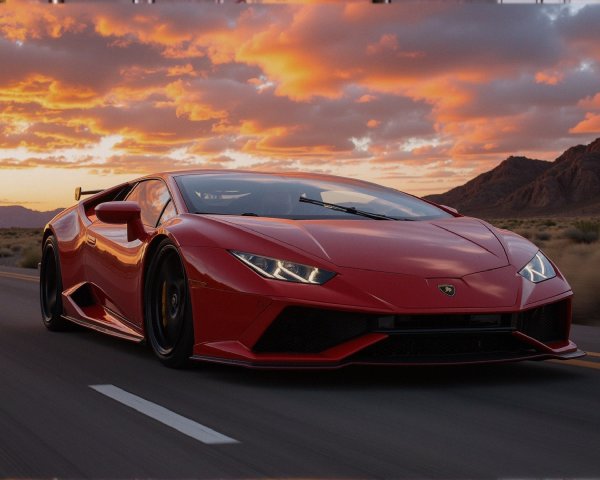 Red Sports Car on Open Road at Sunset with Mountains