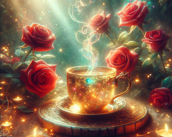 Ornate teacup with roses and flickering candles