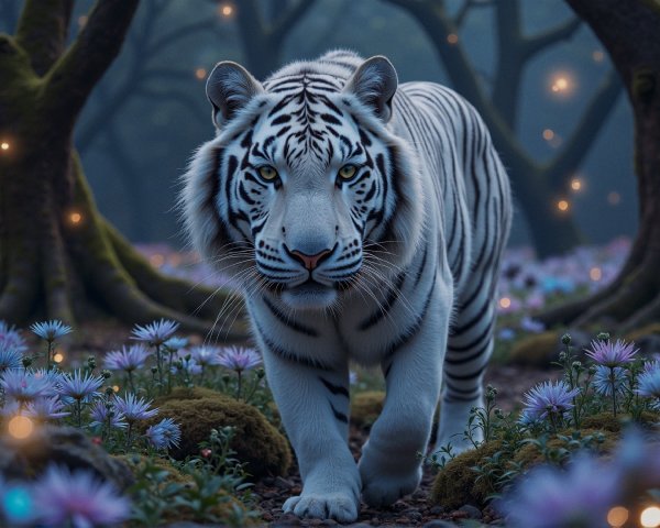 White Tiger in Enchanted Forest with Purple Flowers