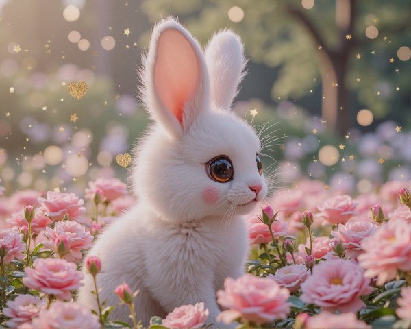 Fluffy White Bunny in a Vibrant Pink Rose Garden