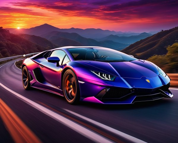 Purple Lamborghini Aventador on Winding Road at Sunset
