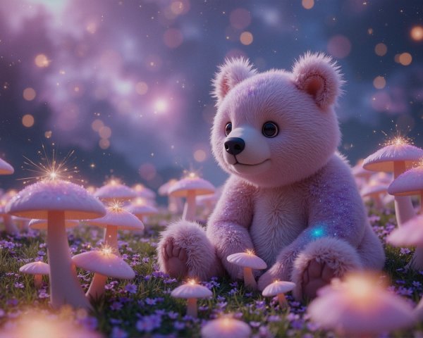 Fluffy Bear in Enchanted Forest of Pink Mushrooms