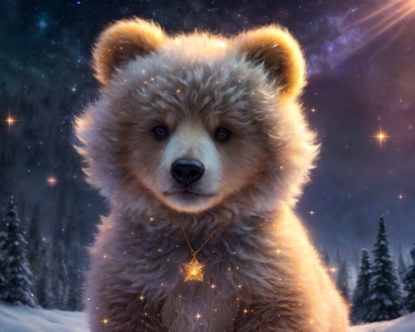Fluffy Bear Cub Under Starry Night Sky