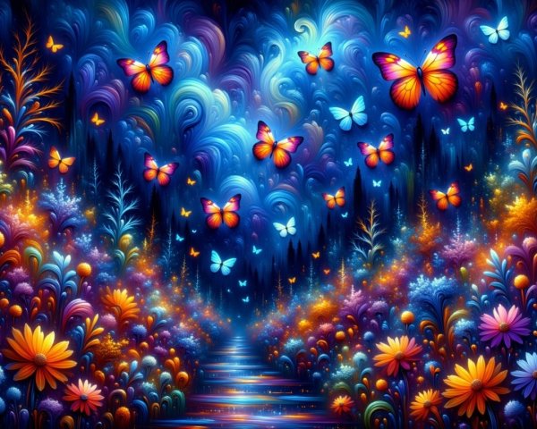 Vibrant Dreamlike Landscape with Colorful Flora and Butterflies
