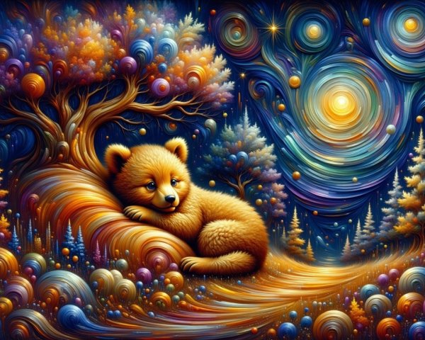 Cozy Bear Against Vibrant Swirling Tree at Night