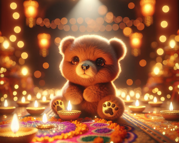 Fluffy Bear Surrounded by Candles and Flowers