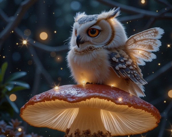 Whimsical Owl on Vibrant Red Mushroom in Enchanted Forest