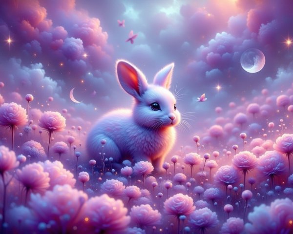 Fluffy Rabbit in a Dreamy Flower Field with Moons