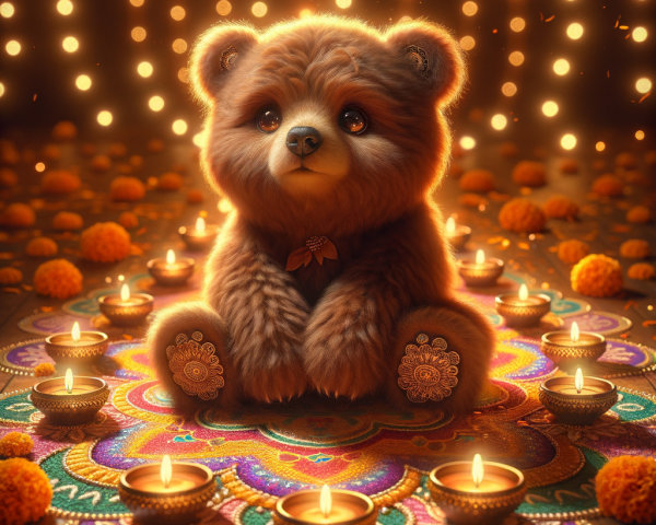 Fluffy bear amidst vibrant rangoli and oil lamps