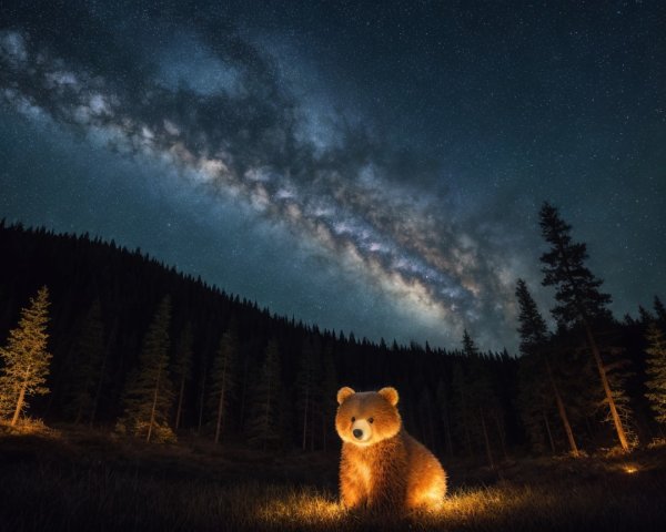 Teddy Bear in a Serene Forest Under Starry Sky