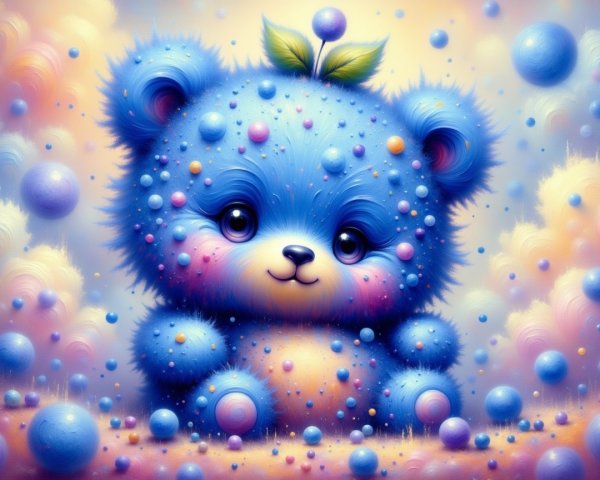 Whimsical Blue Bear in Pastel Dreamy Landscape