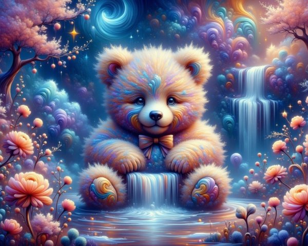 Colorful Teddy Bear by Serene Waterfall in Garden