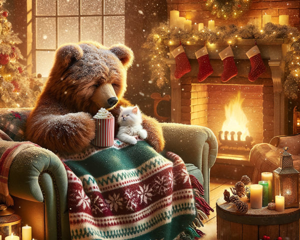 Cozy Christmas Scene with Teddy Bear and Kitten
