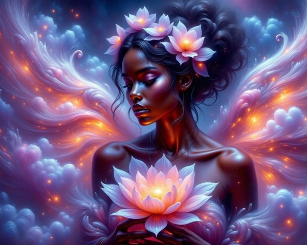 Serene figure with lotus crown and ethereal clouds
