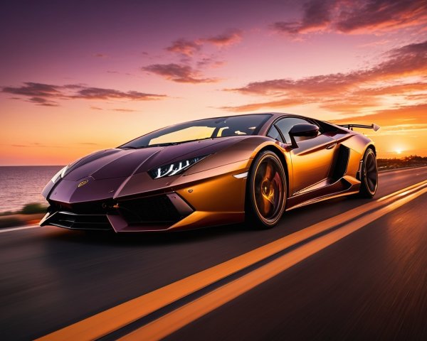 Lamborghini on Coastal Road at Sunset with Ocean View