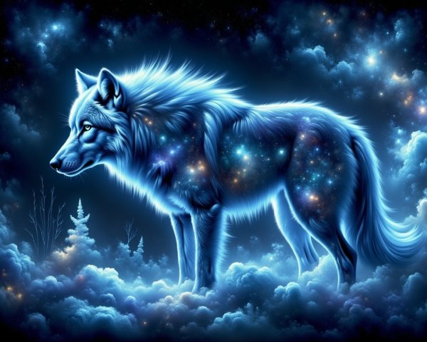 Blue Wolf in Cosmic Landscape with Ethereal Glow