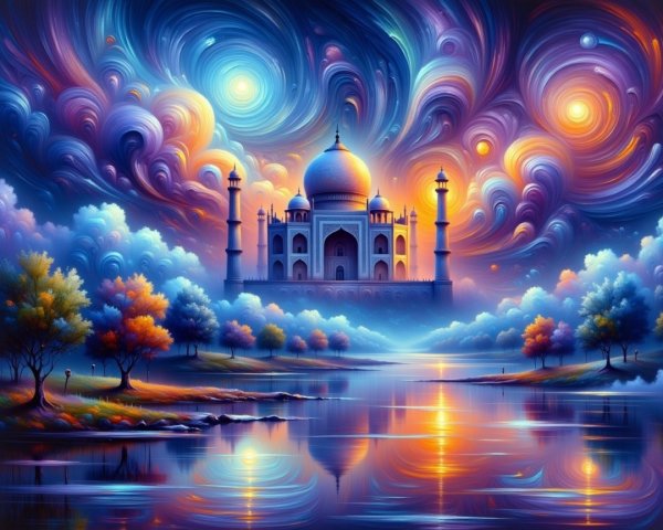 Vibrant Dreamlike Taj Mahal Surrounded by Galaxies