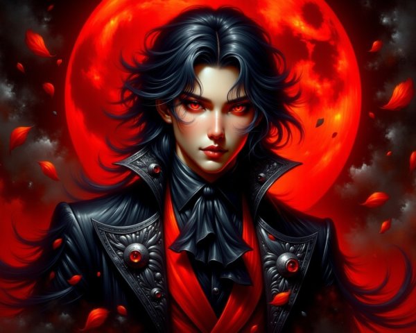 Mysterious figure with black hair and red moon backdrop