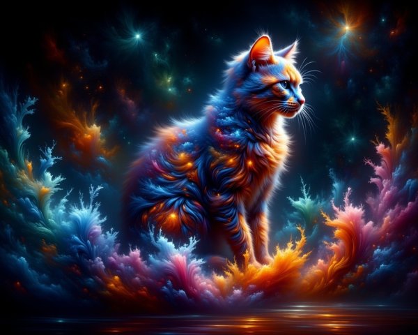 Vibrant Digital Artwork of a Majestic Cat in Cosmos