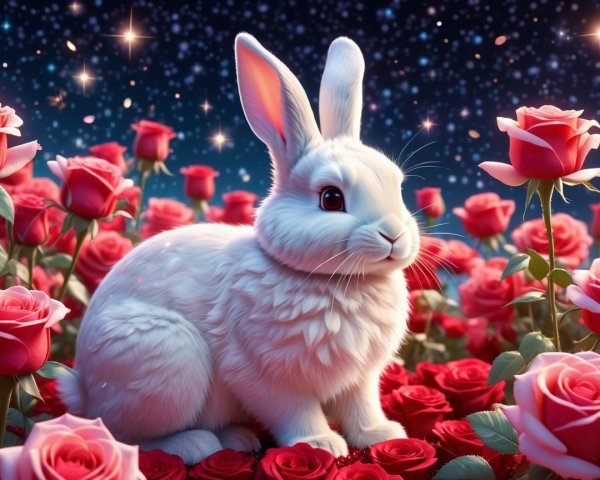 Fluffy White Rabbit Among Vibrant Red Roses and Stars