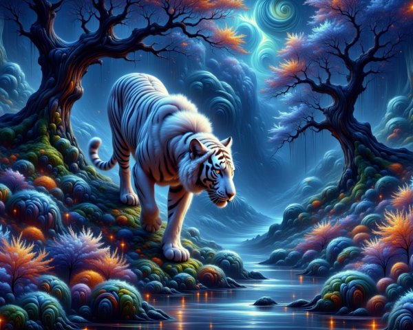 Majestic white tiger in vibrant fantasy landscape