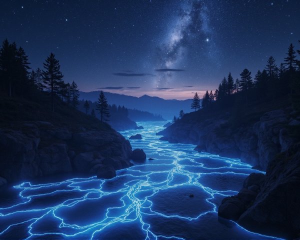 Serene Nighttime Landscape with Neon River and Stars