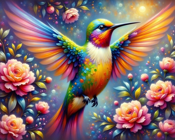 Vibrant Hummingbird Among Blooming Roses and Flowers