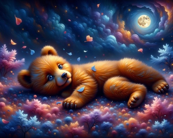 Golden bear cub resting among colorful flowers at night