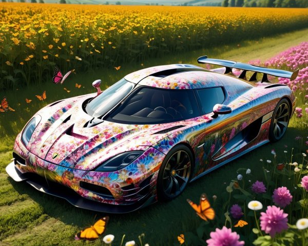 Supercar with Floral Wrap in Scenic Wildflower Path