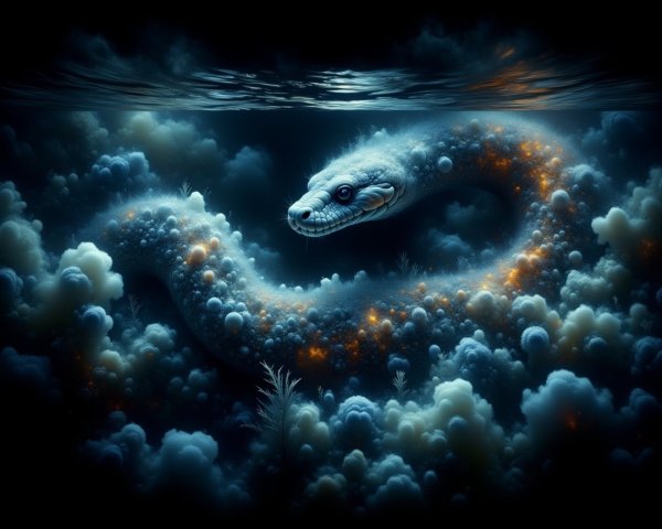 Majestic sea serpent in ethereal underwater clouds