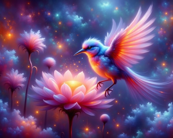 Colorful Bird on Glowing Lotus in Ethereal Scene