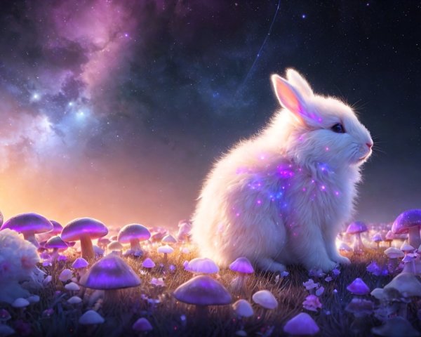 Fluffy White Rabbit in a Mystical Mushroom Landscape