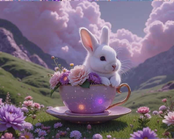 White Bunny in Teacup Surrounded by Colorful Flowers