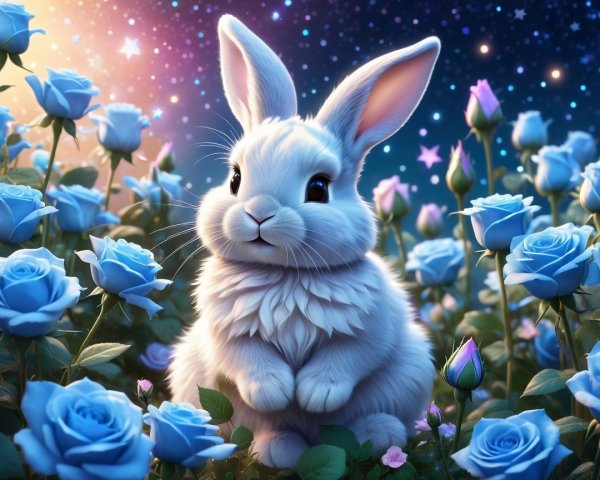 Fluffy White Rabbit in a Garden of Blue Roses