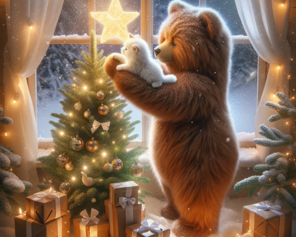 Whimsical Portrait of Teddy Bear and Kitten at Christmas Tree