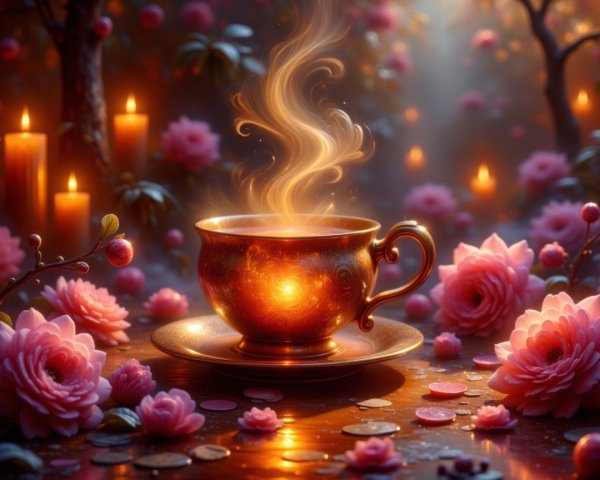 Ornate Teacup Surrounded by Roses and Candlelight