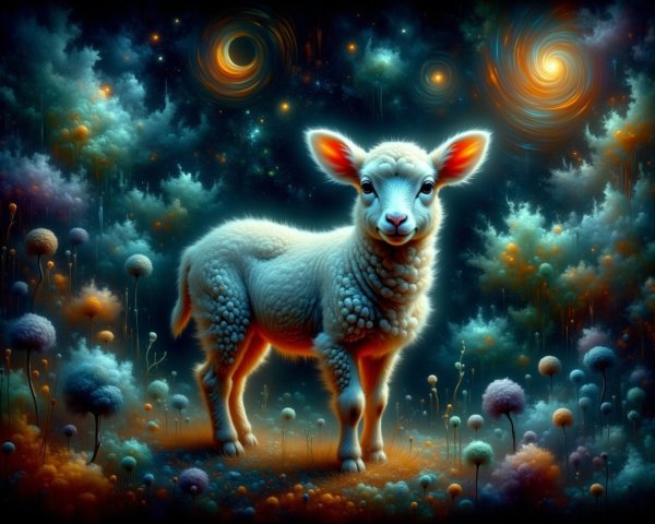 Fluffy White Lamb in a Cosmic Colorful Landscape