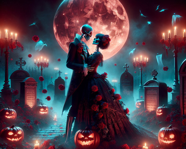Skeleton Couple Kissing in Romantic Graveyard Scene