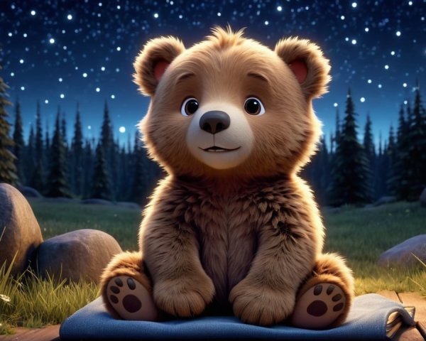 Fluffy Bear Cub in Serene Starry Night Setting
