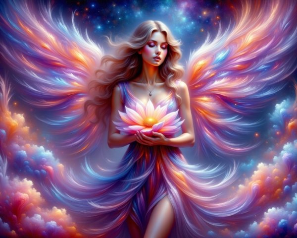 Celestial Figure with Wings and Luminous Lotus Flower