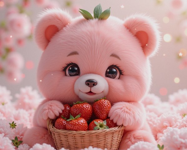 Fluffy Pink Bear Surrounded by Pink Flowers and Strawberries
