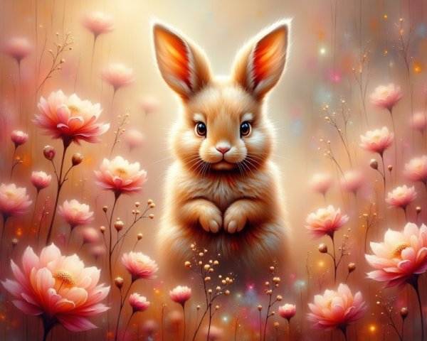 Fluffy Rabbit in a Dreamy Flower Field Scene