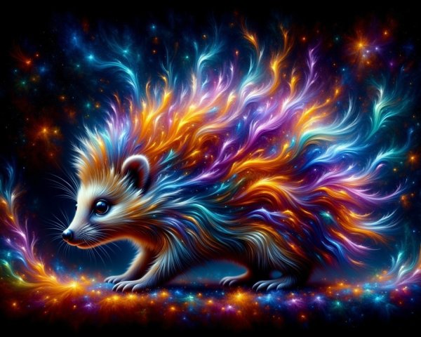 Whimsical Hedgehog with Colorful Iridescent Flames
