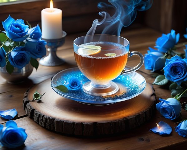 Elegant Tea Setting with Blue Roses and Candles