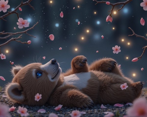 Fluffy Bear Cub Surrounded by Cherry Blossoms at Night
