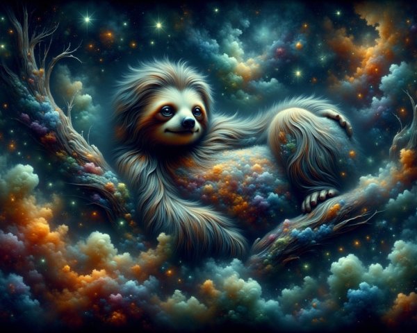 Whimsical Sloth on a Fantastical Tree Branch