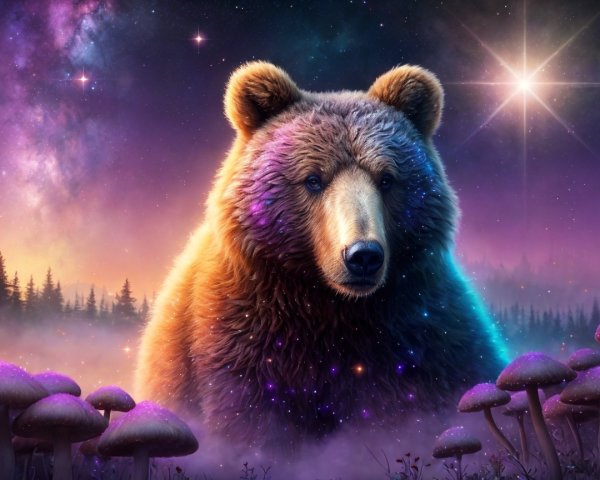 Majestic bear in a cosmic landscape with surreal mushrooms
