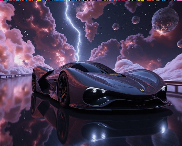 Futuristic Sports Car in Cosmic Landscape Scene