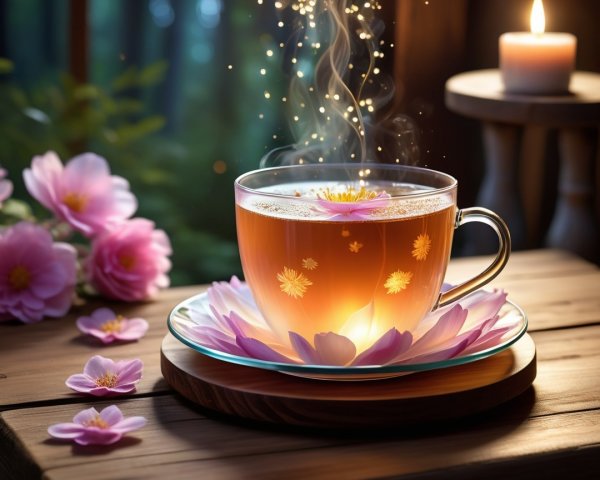Tea Cup with Flowers and Candle on Wooden Table