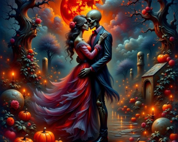 Skeleton and Woman Embrace Under Full Moon Scene